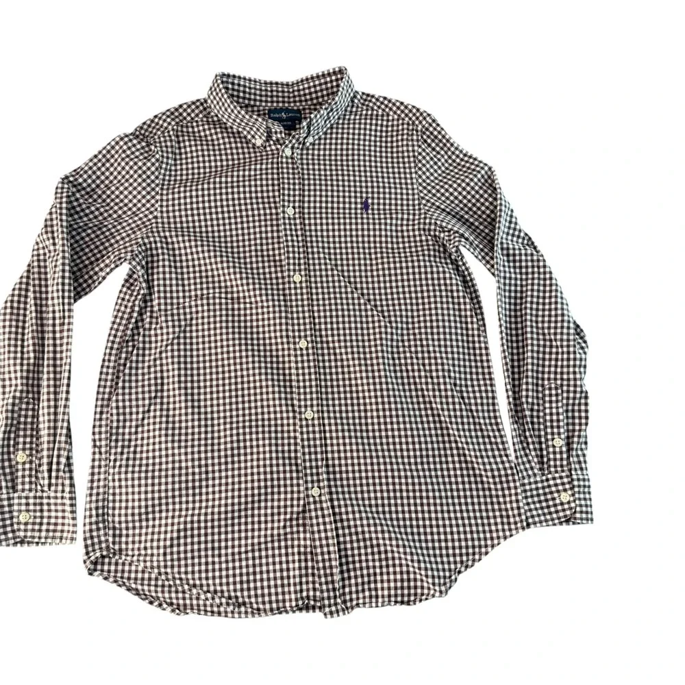 Ralph Lauren Boys XL 18-20 Brown Gingham Button Down Shirt Slim Fit Purple Pony